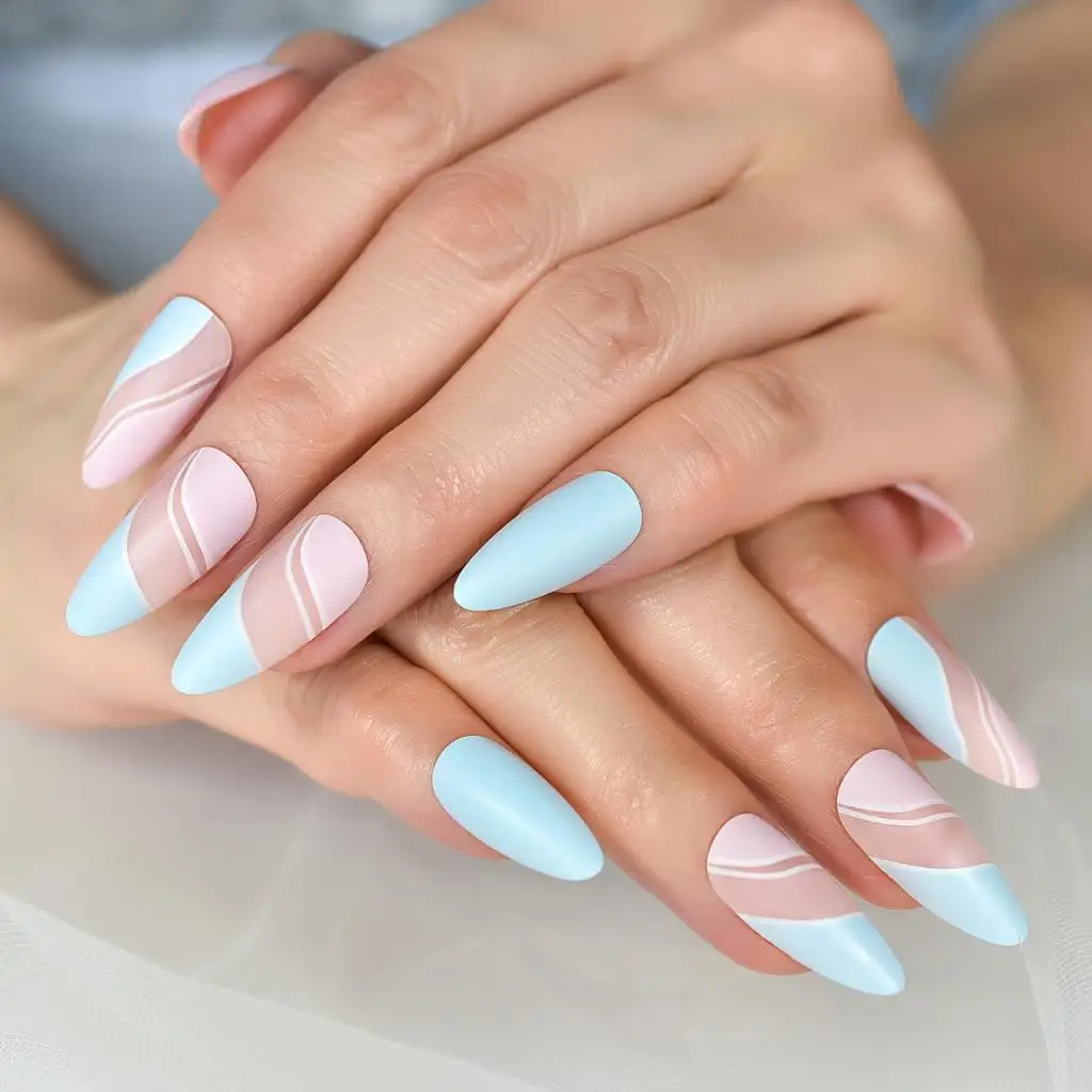 Almond Muleti Color Blue Top Fake Nails Press On Nail Tips Salons At Home Manicure Full Cover Wielokrotnego użytku Fałszywe paznokcie Classy