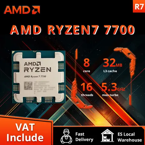 AMD-Processeur CPU Ryzen 7 7700 R7 7700 4.5 GHz 8-Core 16-Thread, 5NM L3 = 32M Socket AM5 scellé sans refroidisseur