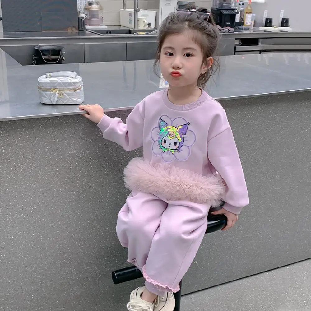 

Sanrio популярный свитер с капюшоном и блестками для девочек Kuromi Kawaii весенне-осенний пуловер футболка с героями мультфильмов брюки с длинными рукавами костюм подарок