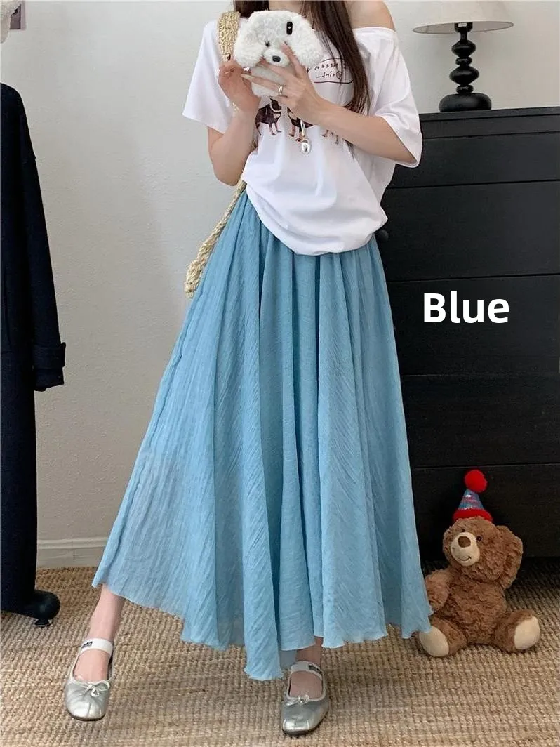 

Синяя хлопково-льняная юбка А-силуэта миди для женщин, весна 2026, новая универсальная модель с завышенной талией, асимметричная, повседневная, стройнящая