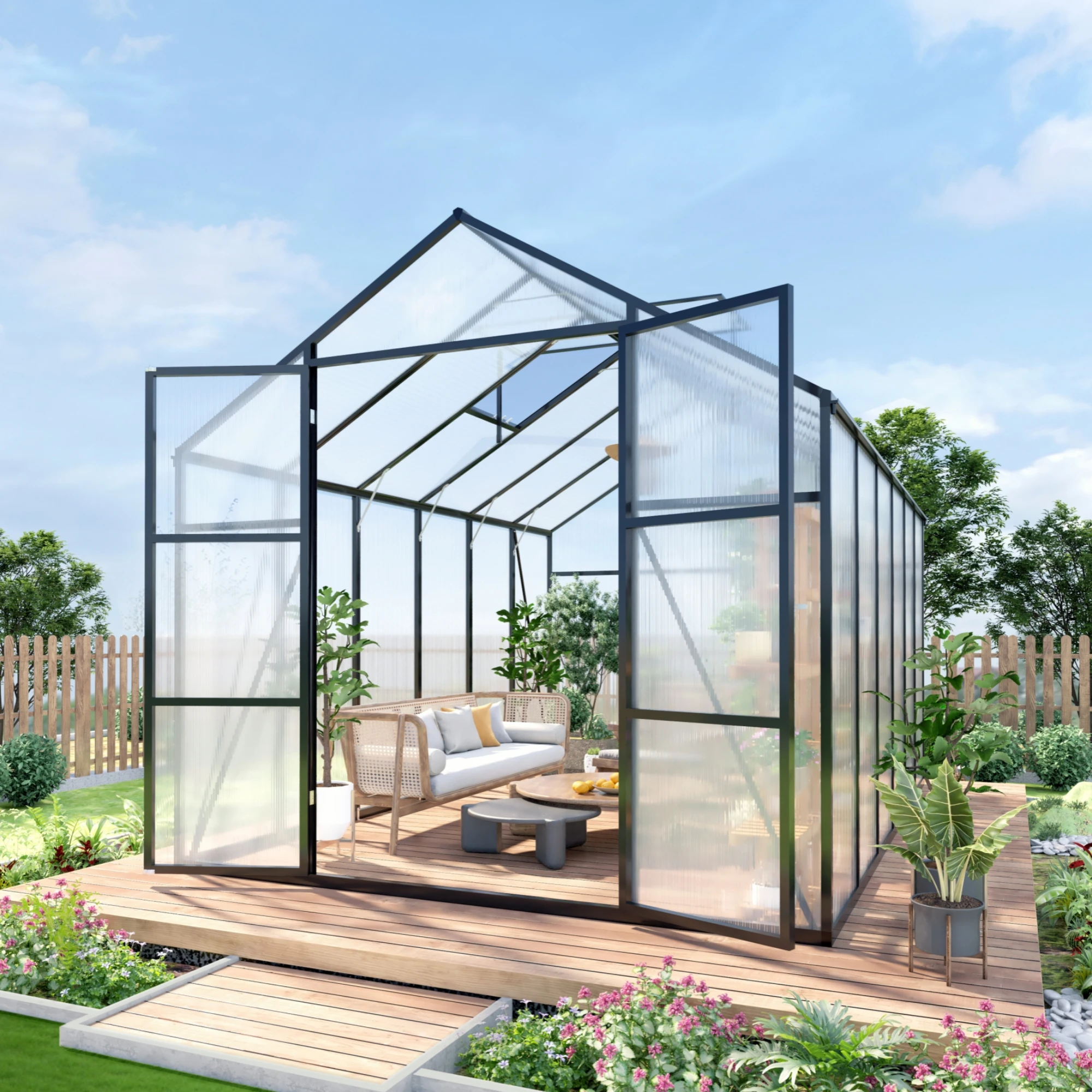 8x12 FT Greenhouse for Outdoors, Quick Setup Polycarbonate Greenhouse With Roof Vent, Aluminum Large Walk-in Greenhouse