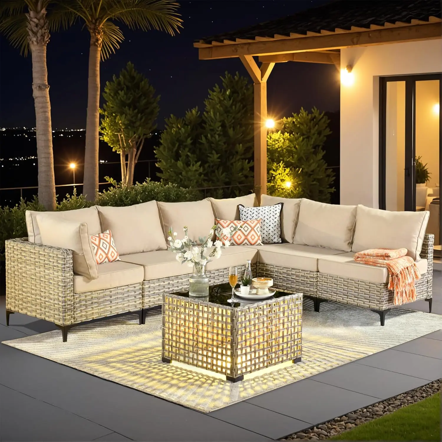 

7pc Outdoor Sectional Sofa Set W Light-Up Table PE Wicker L-Shape Cushioned Garden Deck Yard, Customized
