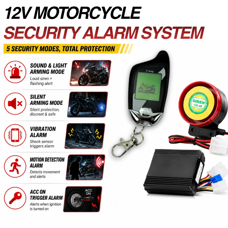 Universal 12V Motorcycle Two Way LCD Anti Theft Alarm System Remote Start Stop Microwave Sensor 2 Remotes