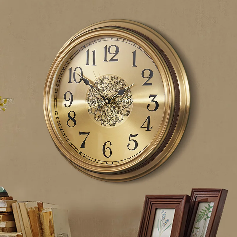 Retro Wall Clocks Large Golden Metal Watches Silent Luxury Living Room Wall Clock Copper Creative Modern Bedroom Home Decor Gift