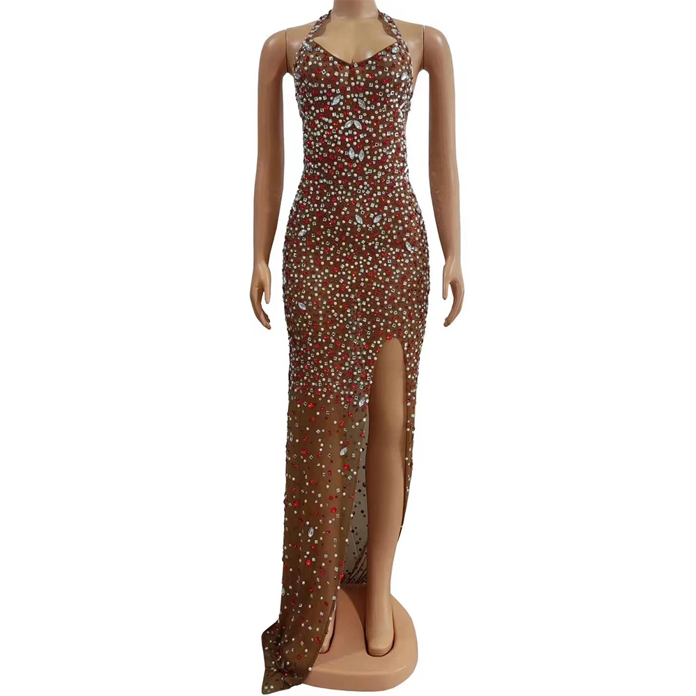 Sexy Stage Rhinestones Halter Dress, Transparente Evening Split Long Dress, Aniversário Comemore Roupa De Malha, Trajes De Cantor Dançarino