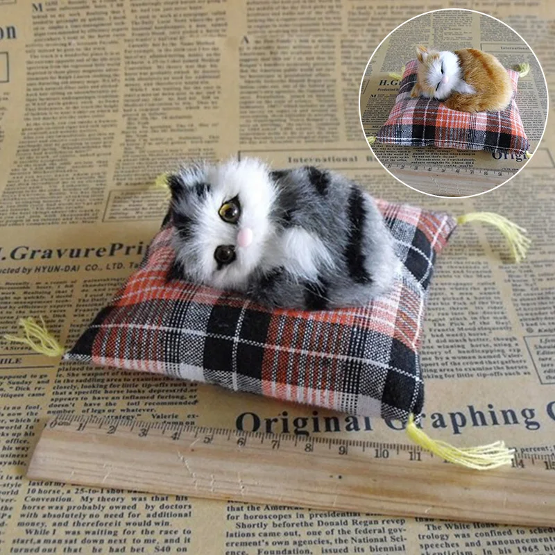 1PC Mini Sleeping Cats On Cushion Simulation Cat Doll Ornaments Cloth Plush Cats For Children's Toys Car Decor Birthday Gifts