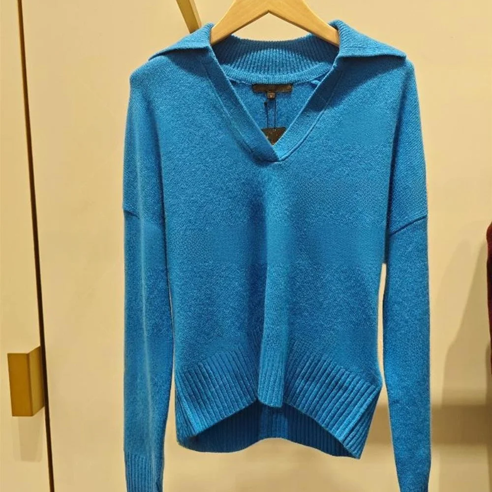 

Модный бирюзовый вязаный свитер с длинными рукавами и отложным воротником, 3 цвета, женский, премиум-класса, французский стиль, стандартный крой, трикотаж