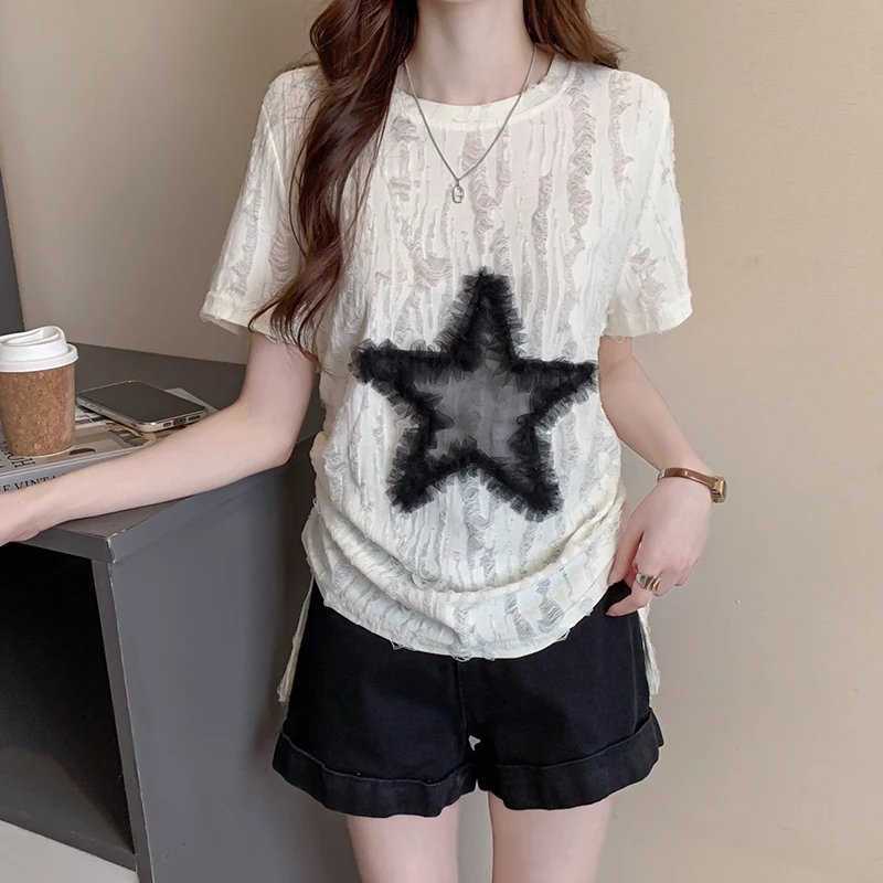 Summer Cut-out Short Sleeve Ripped T-shirt Slim Half Sleeved Star Embroidered Crew Neck Top Ins Tees