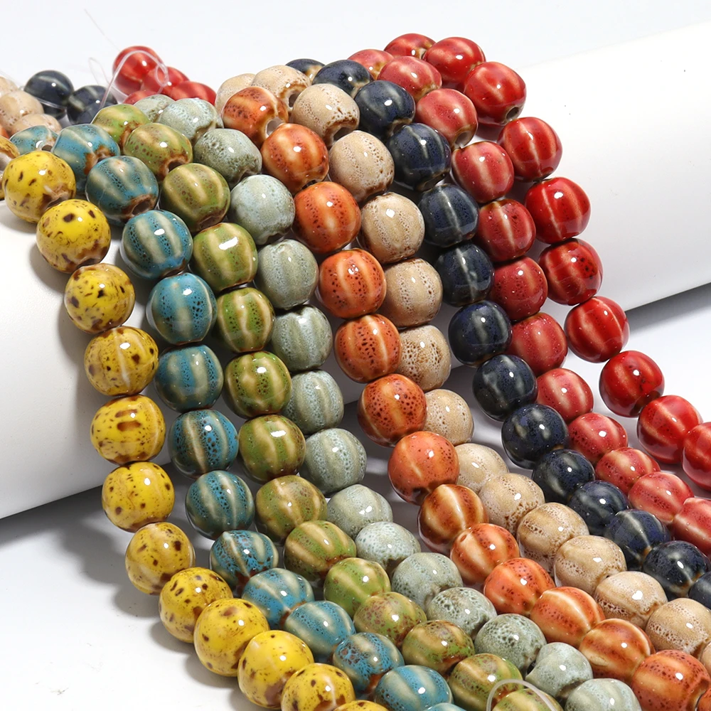 1 Strand Ceramic Pumpkin Shape Stripe Beads Colorful Floral Glaze Loose Spacer Beads for Jewelry Making DIY Bracelet Accessories