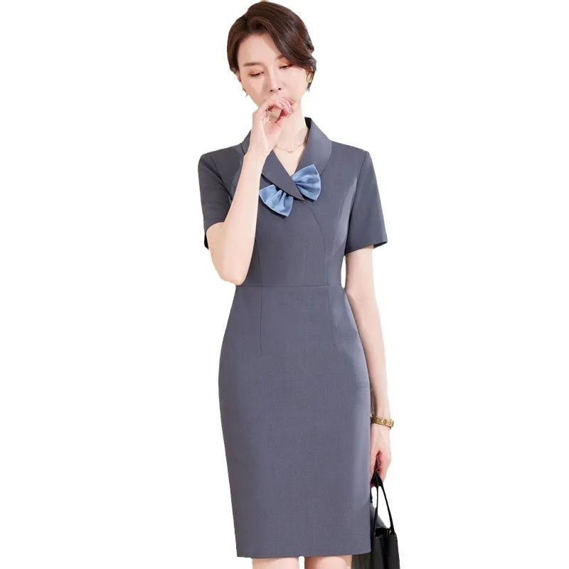 

Uniform Styles Elegant Gray Black Slim Hips Dresses For Women Summer Business Work Wear Ladies Office Female Mini Dress