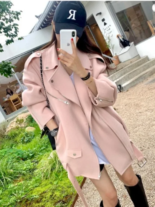 

Faionable Autumn Winter Woolen Jaet Women's Suit Collar Biker Coat Chic Aosphere Sensation Clothing Knitwear Coat