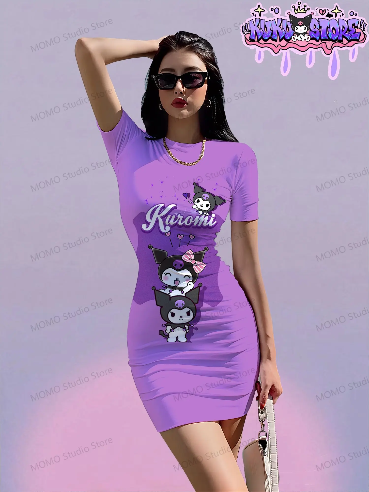 Kuromi Kawaii Women's Short Sleeve Hip DresWs Young Girls Dresses S-3XL O Neck Y2k Summer 2024 Sanrio One-piece Fashion New Sexy