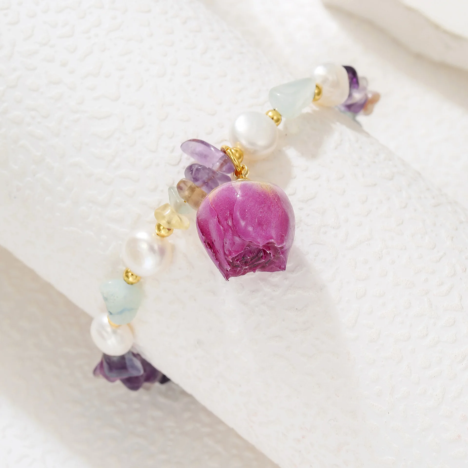 Irregular Purple Crystal Natural Freshwater Pearl Sweet Rose Flower Tag 14K Gold Filled Lady Charm Bracelet Jewelry Promotion