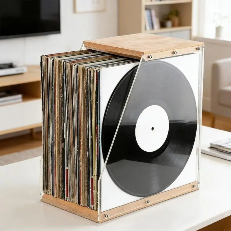 Large Capacity Vinyls Record Holder And Clear Acrylic Side Panels Albums Storage And Display Box 896C