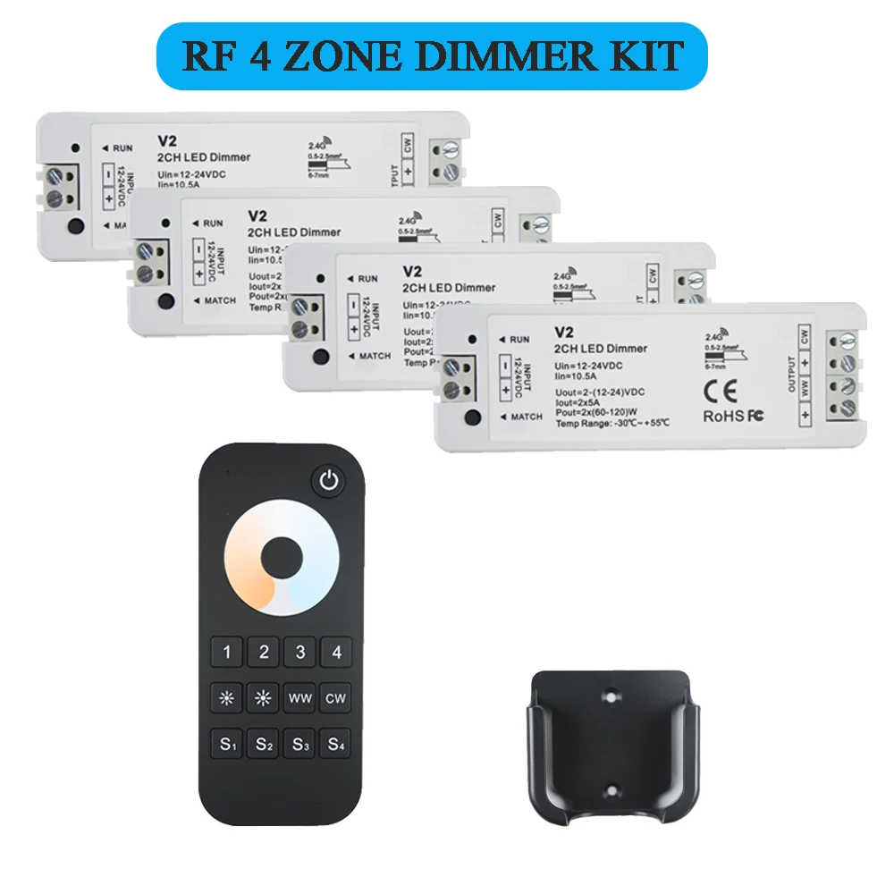 

V2 CCT LED Dimmer Dual Color LED Strip Dimming Kit Wireless 2.4G RF Remote Control RT7 4 Zones 12V 24V for Indoor Lighting