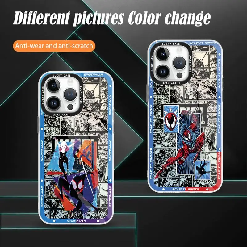 Color Matte Case for iPhone 15 14 13 12 11 pro Max XS XR X 7 8 Marvel Spider-Man Across The Spider Verse Iridescent Laser Cover