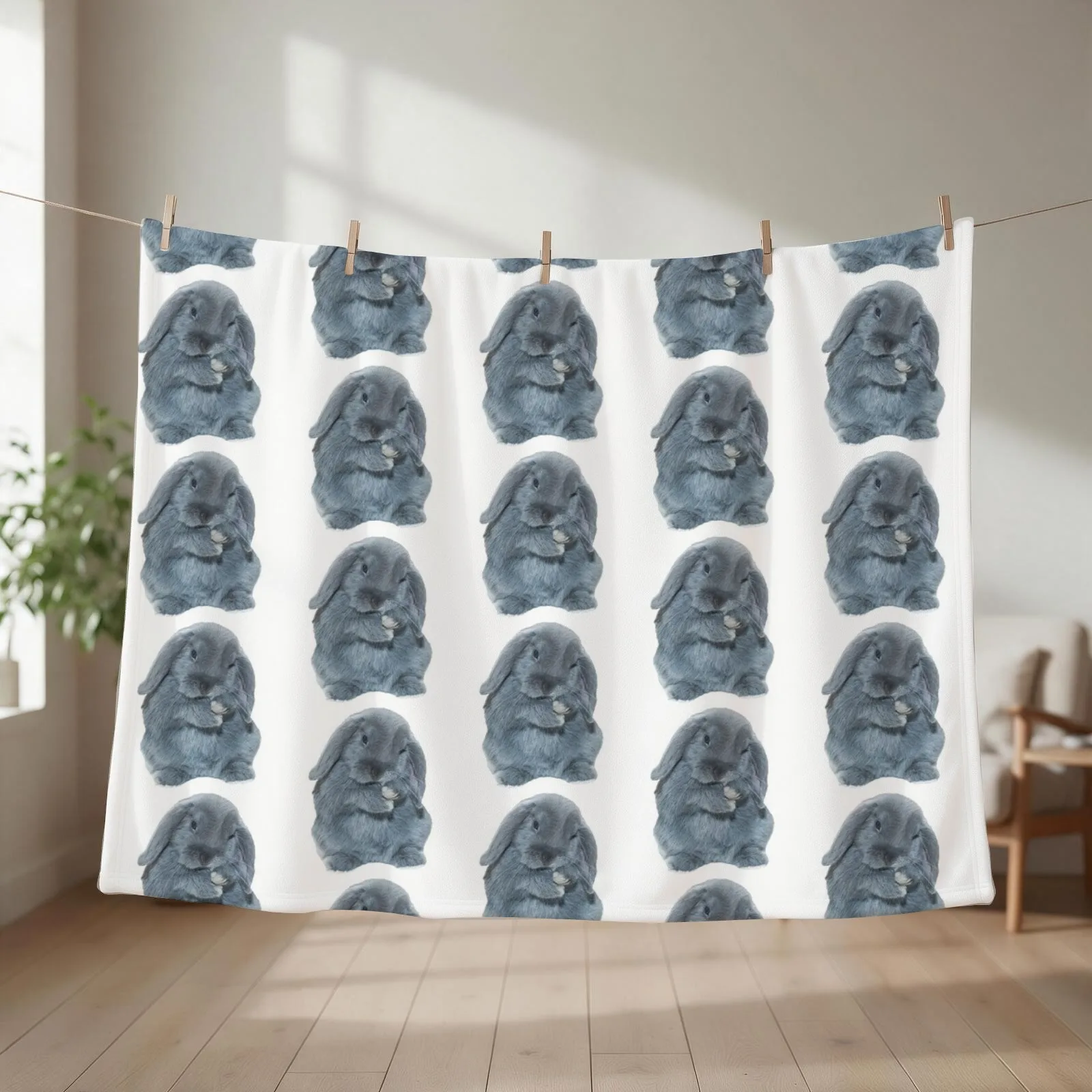 A Grey Mini Lop Bunny Rabbit Art Throw Blanket couch cozy soft plush fuzzy picnic outdoor blanket