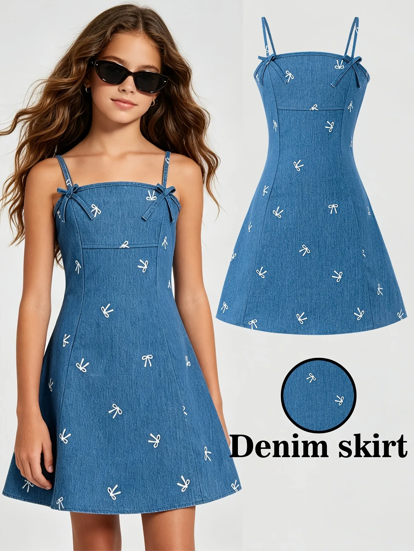 Girls 1-Piece Denim Slip Dress, Square Spaghetti Strap A-Line Mini Jean Sundress With 2 Shoulder Bows All Over White Bow Embroid
