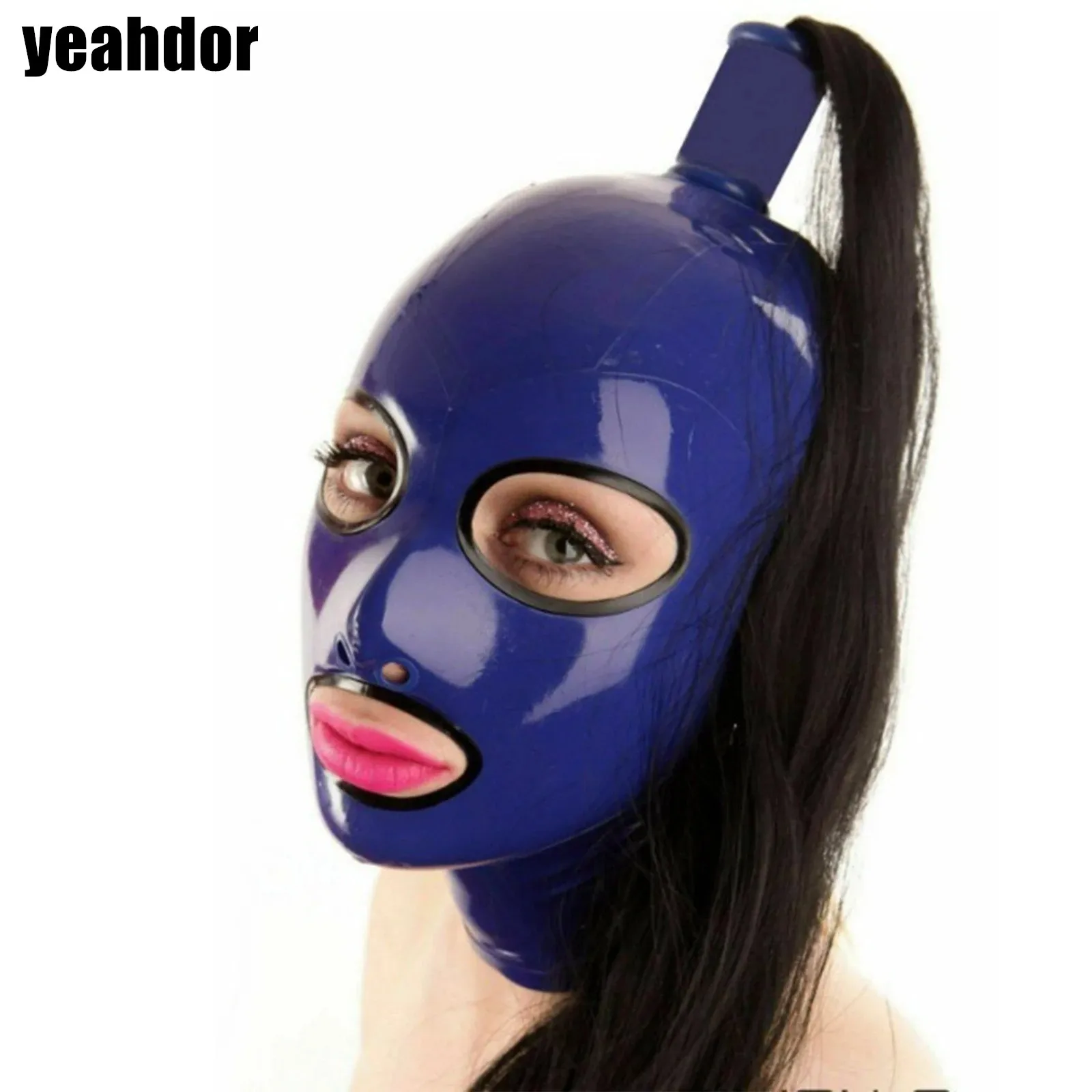 

Adult Unisex Latex Head Cover Halloween Cosplay Hood Face Mask Open Eyes Nostril Mouth Back Zipper Face Cover Erotic Mask