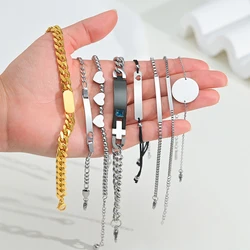 Stainless Steel Blank Bar Bracelets Punk Hip Pop Gold Color Thick Chain For Women Men Baby Family Jewelry Couple Gifts Wholesale