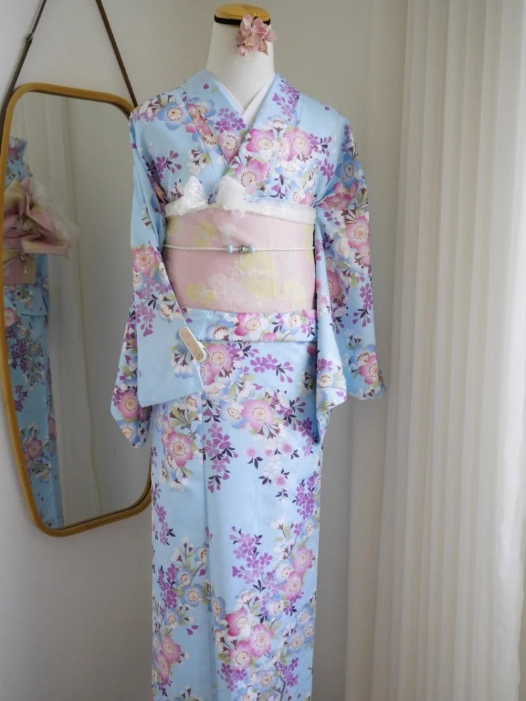 Japan Style Women's Traditional Komon Kimono Double Layer Fabric Floral Prints Yukata Vintage Photography Dress Cosplay Wear