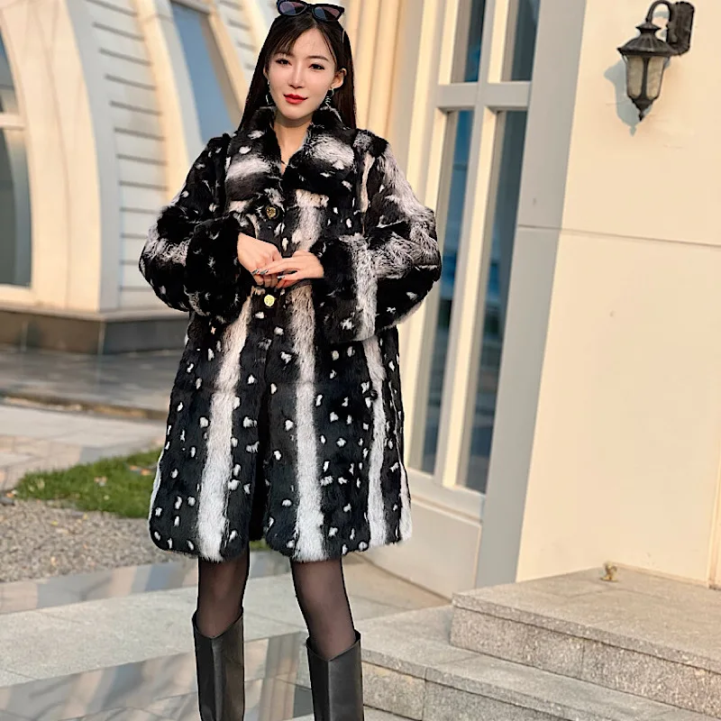 2024 New Woman Winter Whole Skin Fur Rabbit Hair Fashionable Contrast Lapel Young Medium And Fur Coat Lady