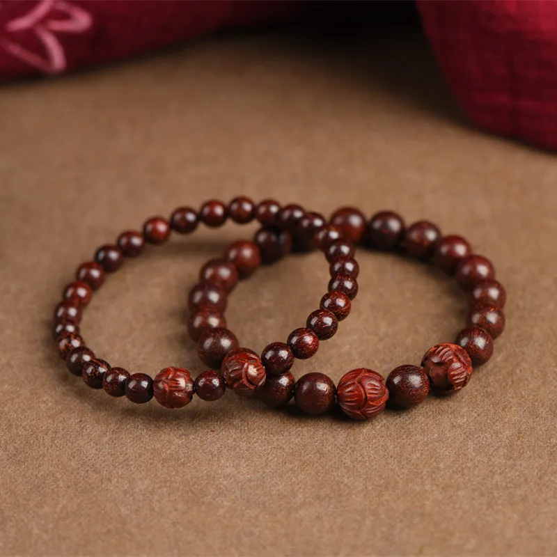 Lotus Carved Small Leaf Rosewood Bead Single Wrap Bracelet Buddhist Prayer Beads for Men Women Couples Gifts