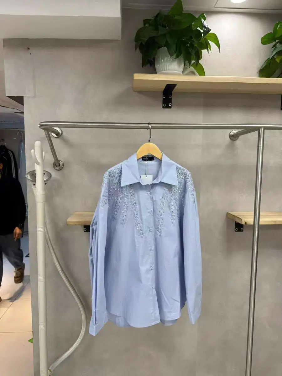 2026 ربيع خريف الاتجاه الجديد الترتر التطريز قمصان قطنية البلوزات للنساء كم طويل فضفاض بلايز عادية ملابس امرأة