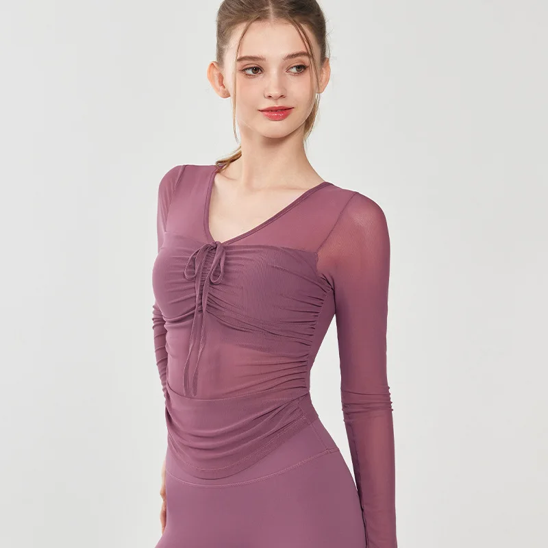 بدلة يوجا شبكية مثيرة راقية بأكمام طويلة من قطعة واحدة وسادة صدر لتدريبات اللياقة البدنية والبيلاتيس سترة رياضية للنساء #3