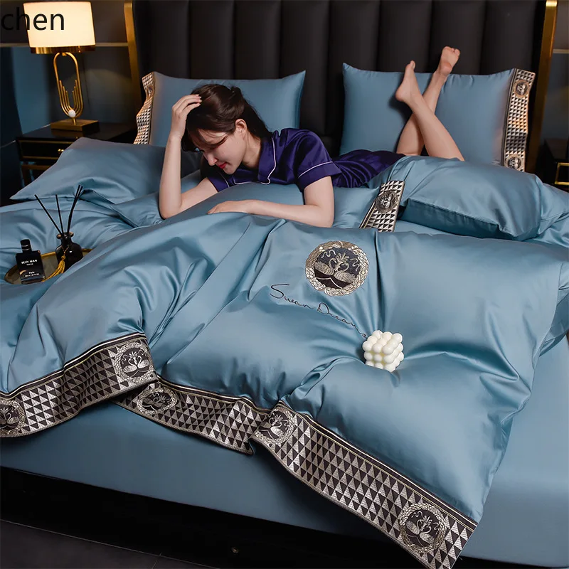 HXL Simple Long-Staple Cotton Four-Piece Set All-Cotton Bed Sheet and Duvet Cover Bedding