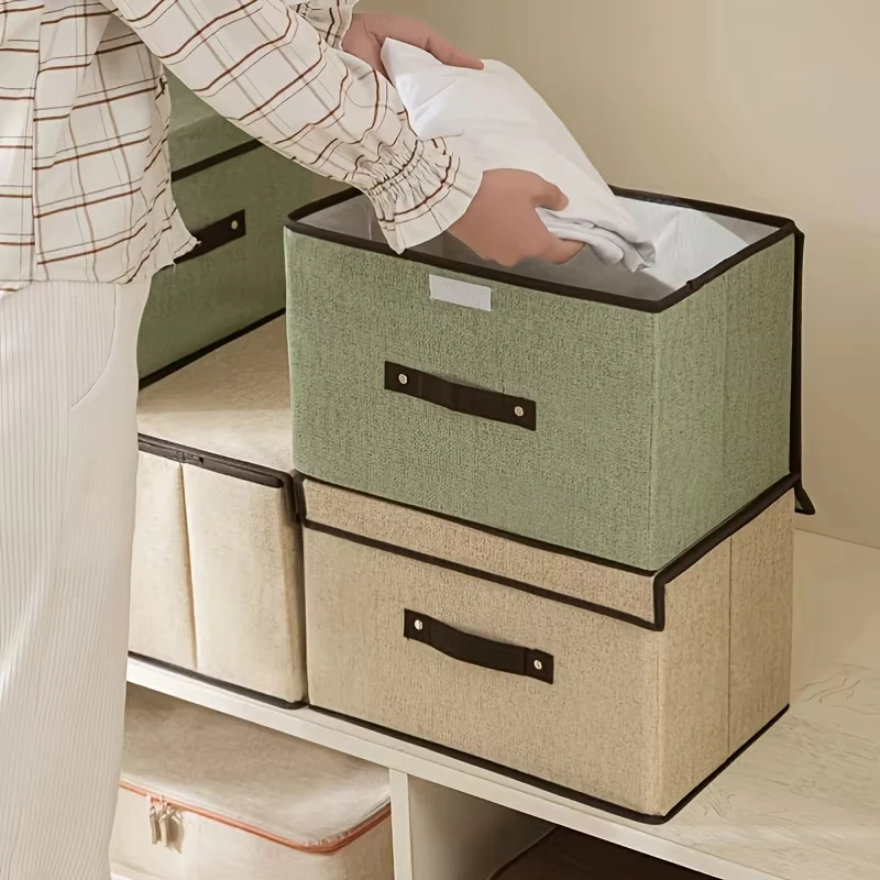 1pc Imitation Linen Fabric Storage Box Foldable Portable Dustproof Storage Bin With Lid Clothes Sundries Storage Organizer