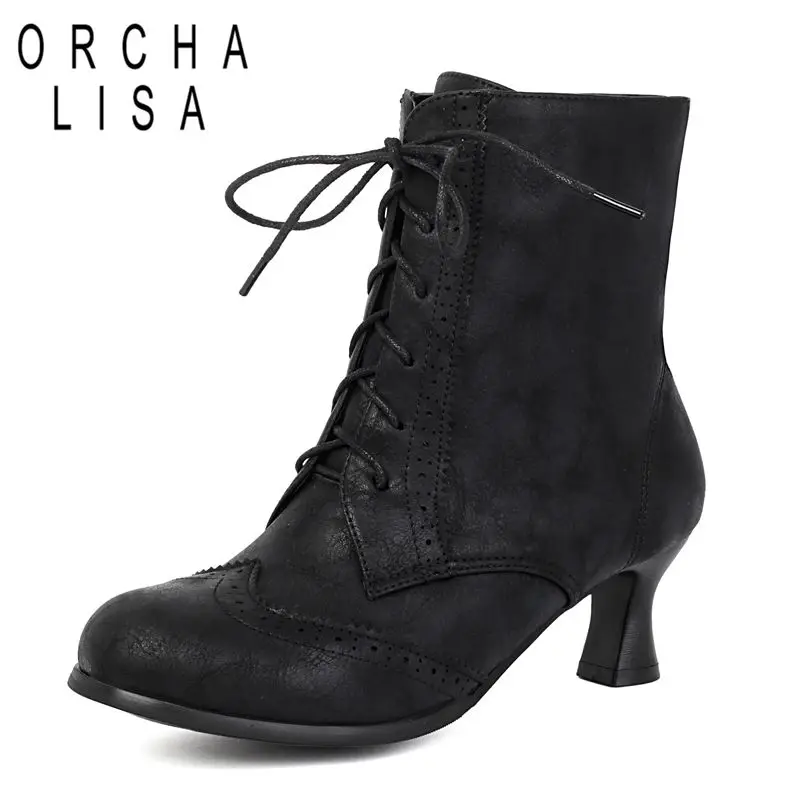 

ORCHA LISA Горячие женские сапоги до середины икры с круглым носком, странные каблуки 5,5 см, на шнуровке, большой размер 41, 42, 43, винтажные зимние желтые ботинки