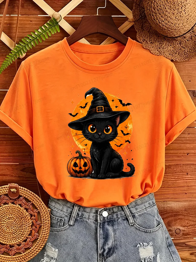 Halloween Black Cat Witch Hat T‑Shirt Pumpkin Bat Full Moon Graphic Tees Women Casual Short Sleeve Tops Holiday Party T Shirts