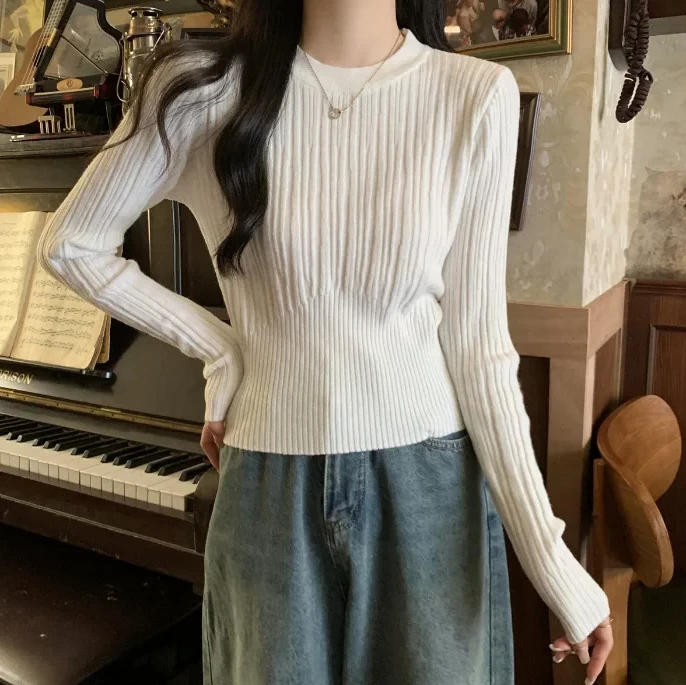 

Шикарный облегающий вязаный топ с круглым вырезом, женский осенне-зимний высококачественный свитер на ощупь, топ с длинными рукавами и внутренним слоем