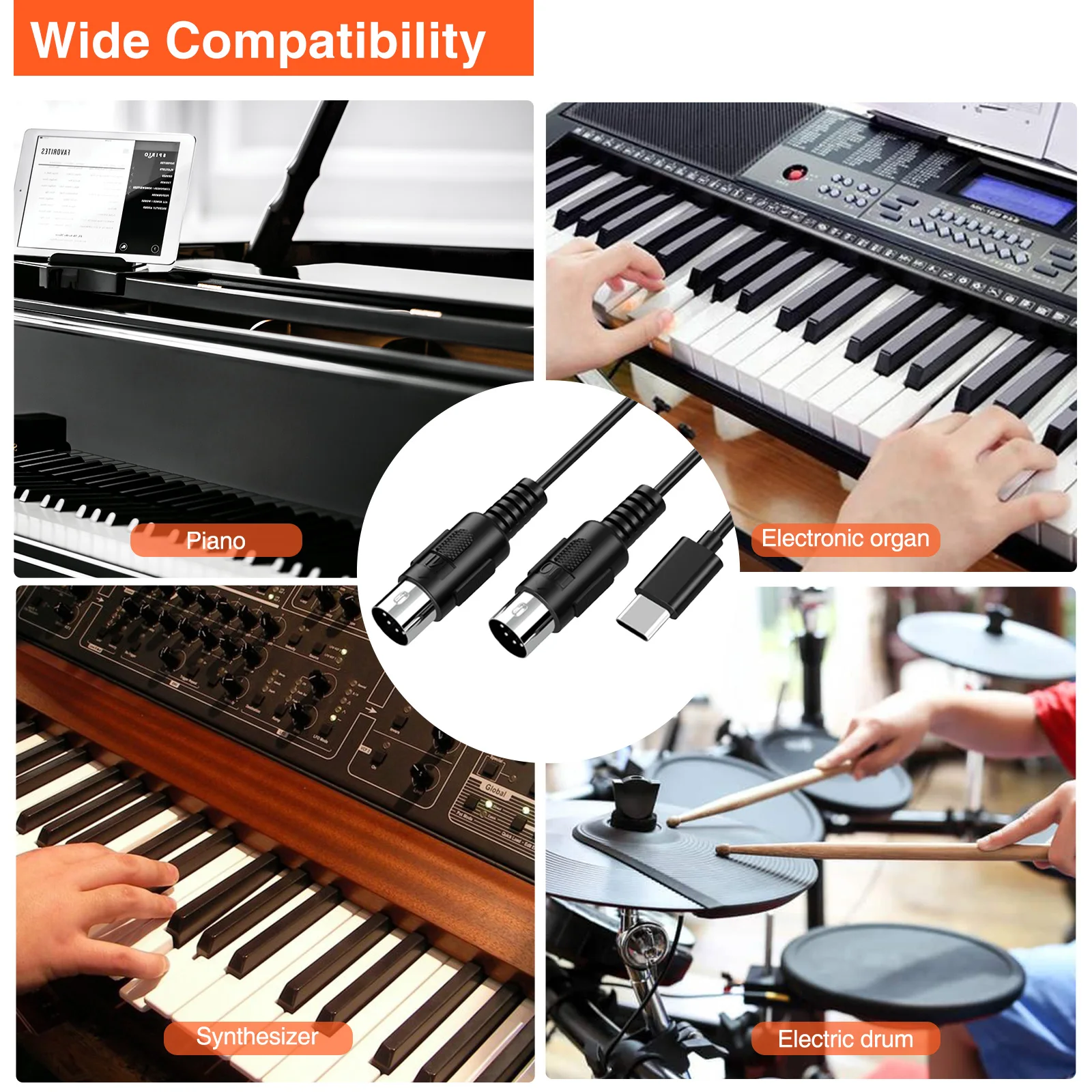 Lekato Midi To Usb C Type C Cable Usb Midi Converter with Indicator Light for Music Keyboard Piano Pc Lapt Interface 6.5Ft