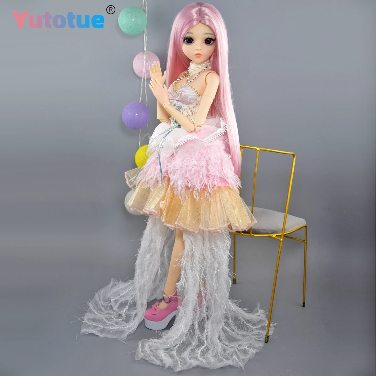 Lalka księżniczka YUTOTUE o wysokości 60 cm z prostą peruką, sukienką, butami i pełnym zestawem, lalka BJD 1/3.