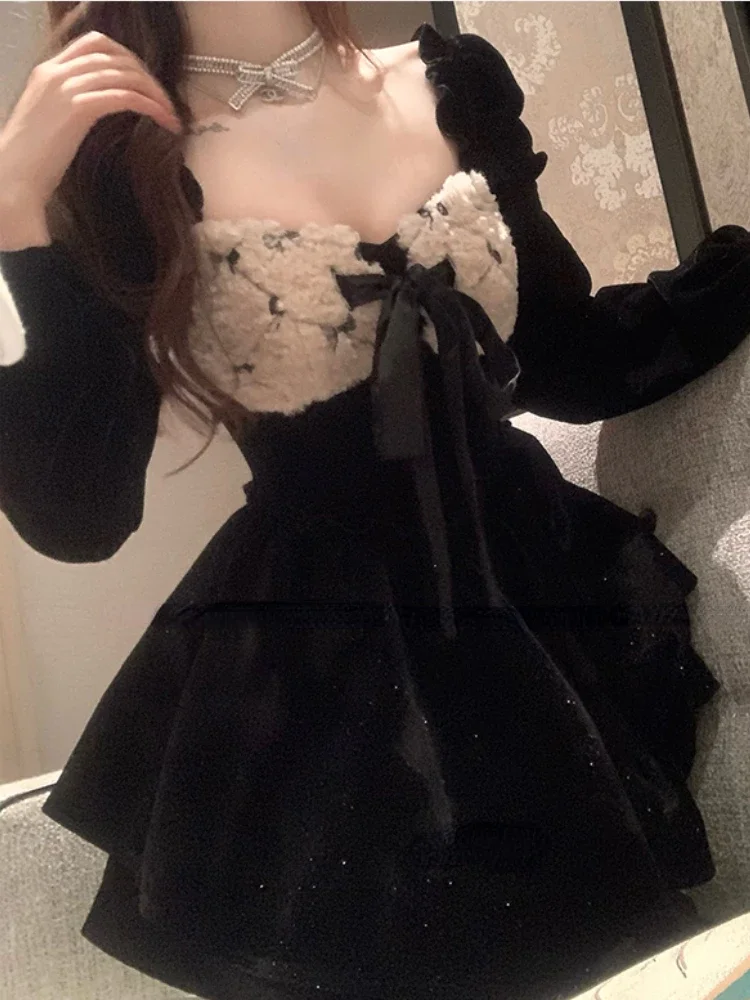 

French Hepburn Elegant One Piece Dress Women Black Vintage Chic Party Dress Female Korean Fashion Sexy Lolita Dress 2023 Winter