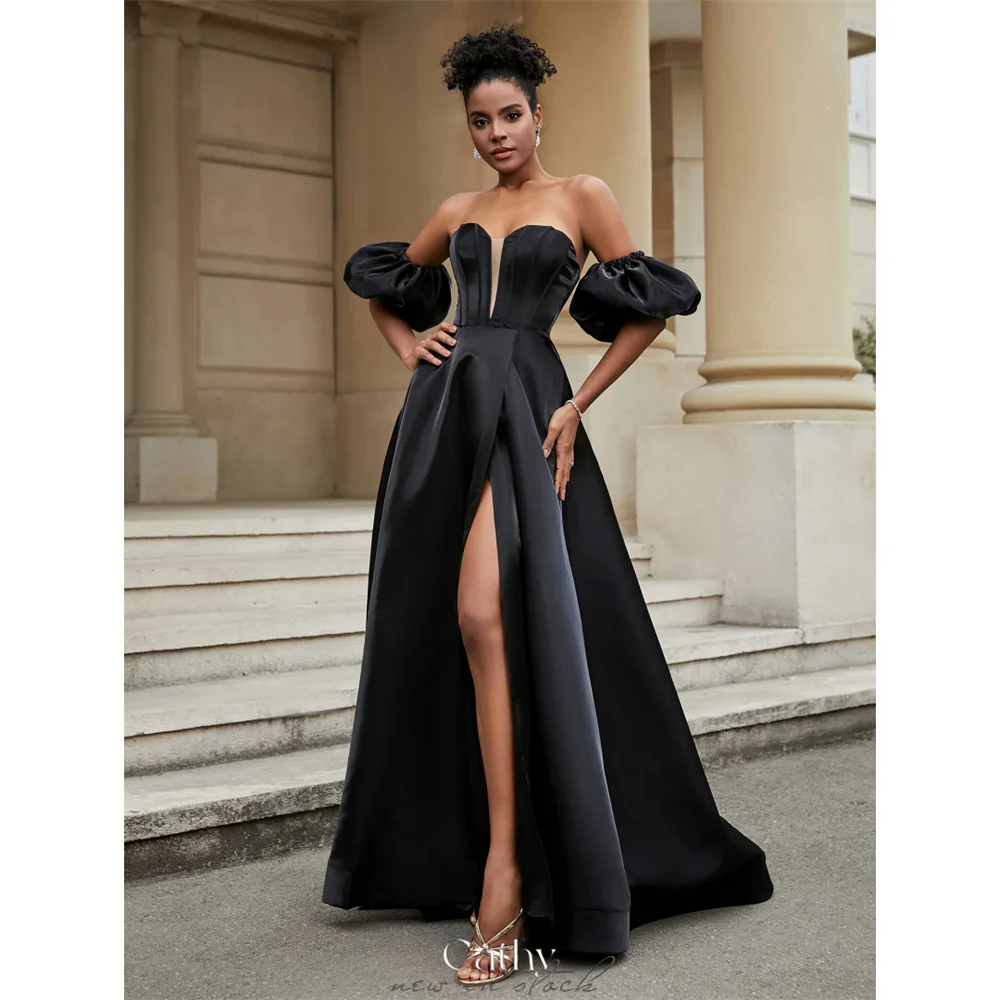 

Cathy Black Off Shoulder Detachable Puffy Sleeves Wedding Dress V Neck vestidos de noiva A-line With Split Customized Formal