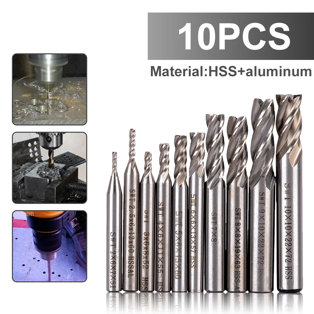 10 Pçs/set 2-10 MM HSS Flauta 4 Super Resistente Hetero Shank Fresa Router Bits de Fresagem CNC Broca