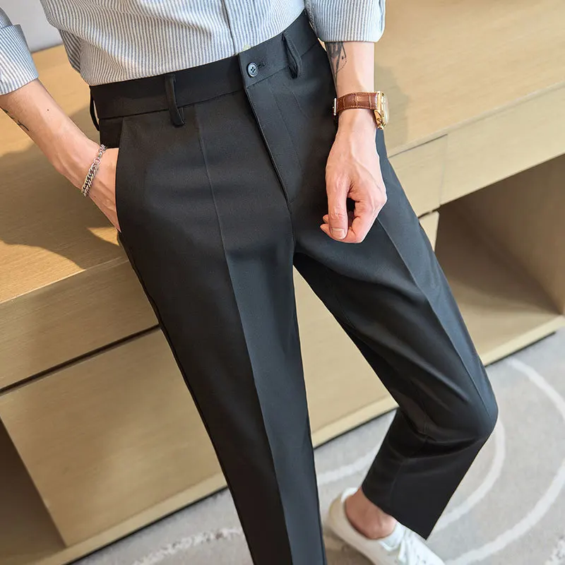 

Ankle Length Mens Formal Pants Fashions Slim Business Dress Pant Men Beige Black Trousers For Male Summer Thin Light Weight