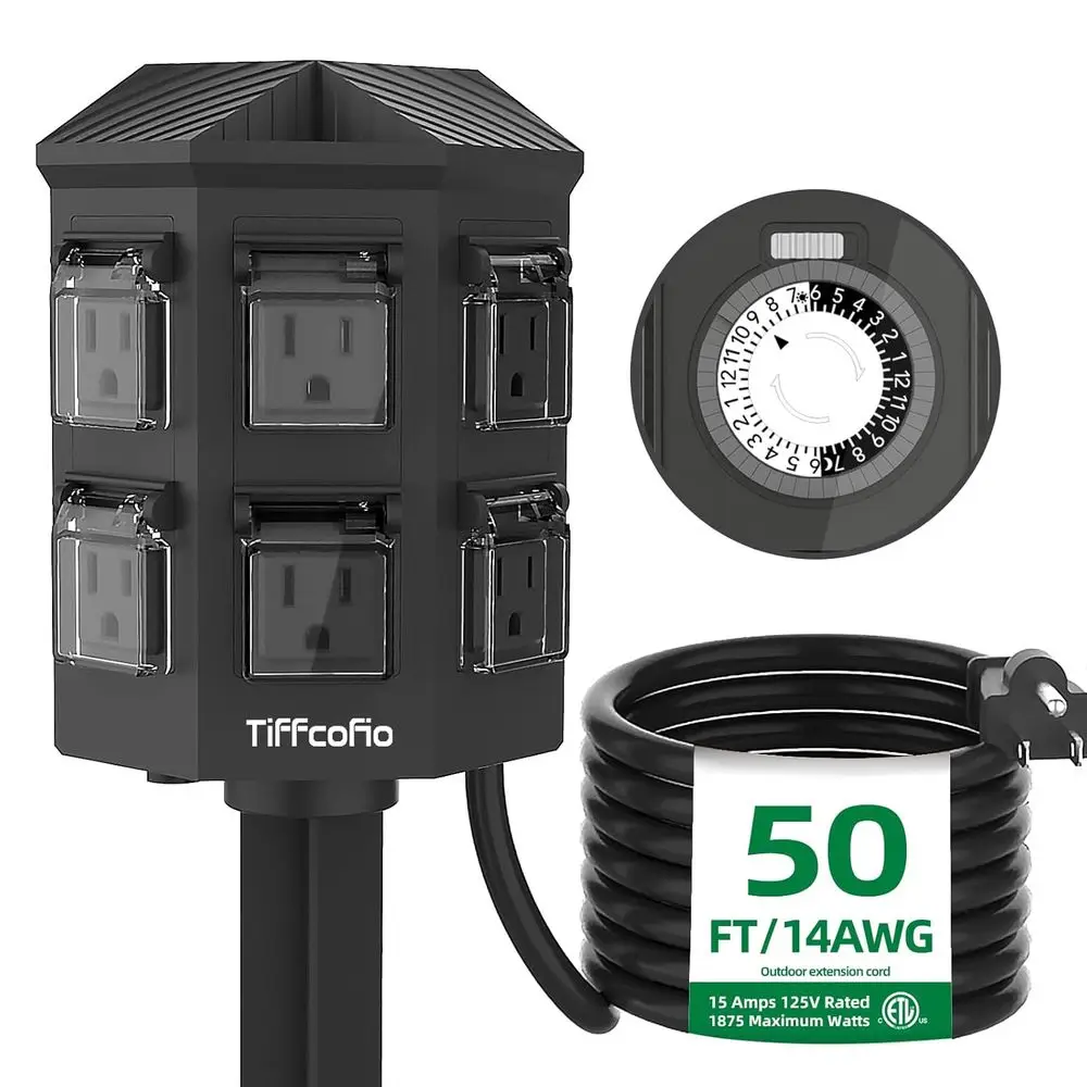 

Weatherproof Outdoor Power Strip with 24-Hour Timer, 50ft Extension, 6 Outlets for Outdoor Lighting