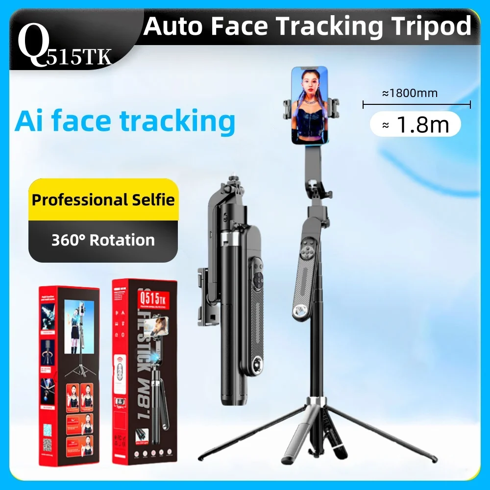 1.8m Extendable Auto Face Tracking Selfie Stick Tripod 360° Rotation Phone Stand with Wireless Remote for Tiktok YouTube Vlog