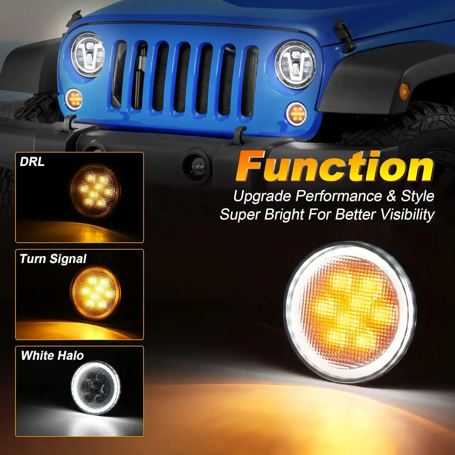 MOVOTOR JK Front Fender Turn Signal LED Lights with White Halo Smoked Lens Amber Lights for Jeep Wrangler JK