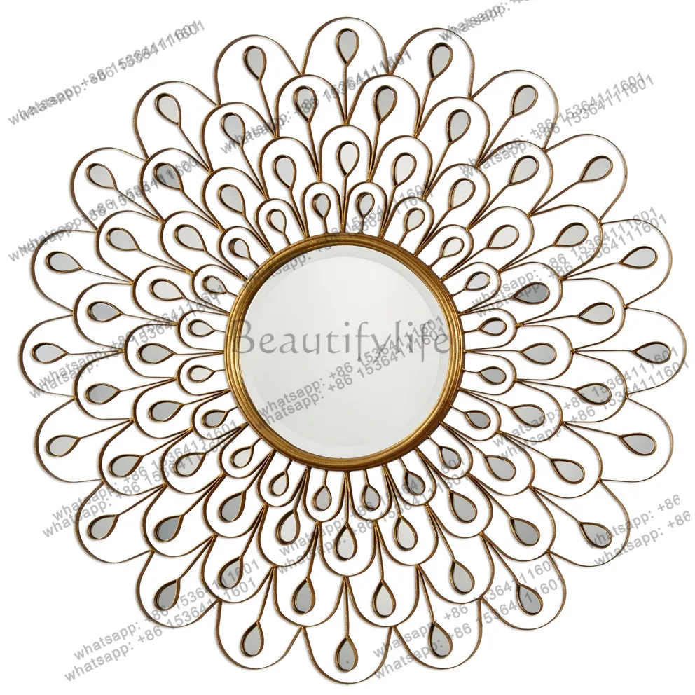 LS  American sun decorative mirror living room background wall art entrance creative wall light luxury wrought iron mirror