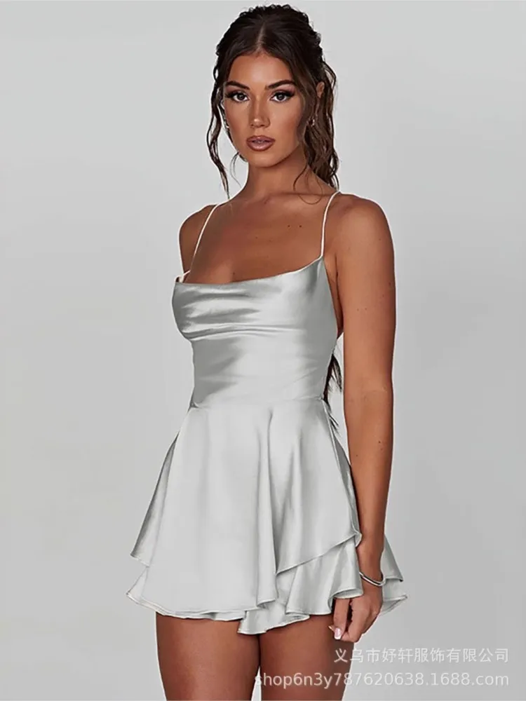 

Sexy Dress Mini vestidos Elegant Bodycon Spaghetti Strap solid Color Leace-up Fashion Simple Style Banquet Backless Ruffles Slim