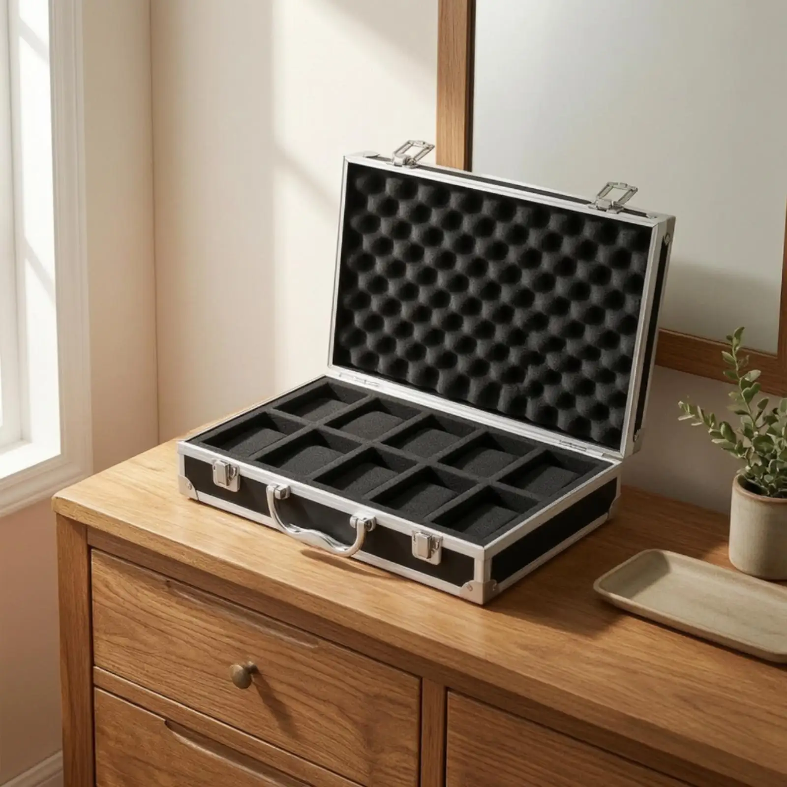 Aluminum Alloy Watch Organizer Display Case with Secure Closure and Soft Foam for Retail and Personal Use