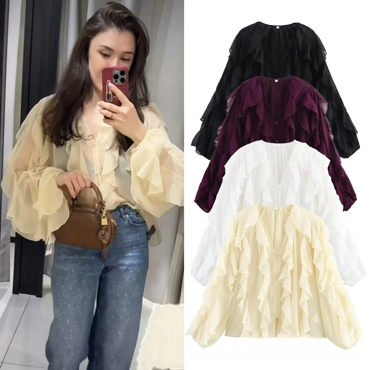 

Women's clothing 2025 European new fashion design and ruffled layered decorative V-neck shirt