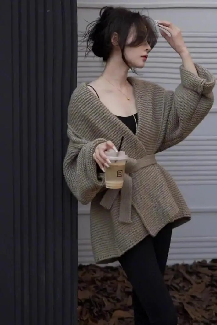 

Sweaters Jumpers Cardigans Womens Leopard Acrylic Knit Raglan Sleeve Loose Japanese Style Harajuku Kawaii Cute Sweet Open-Front