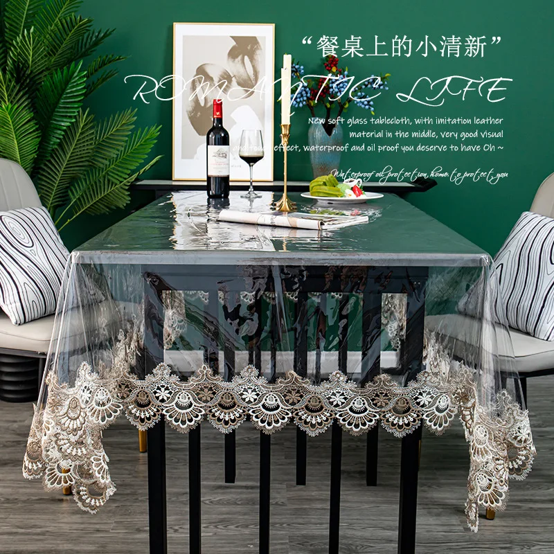 Thin Transparent PVC Tablecloth Waterproof Easy To Clean Dining Table Cloth Transparent PVC Montage Embroidered Lace Tablecloth