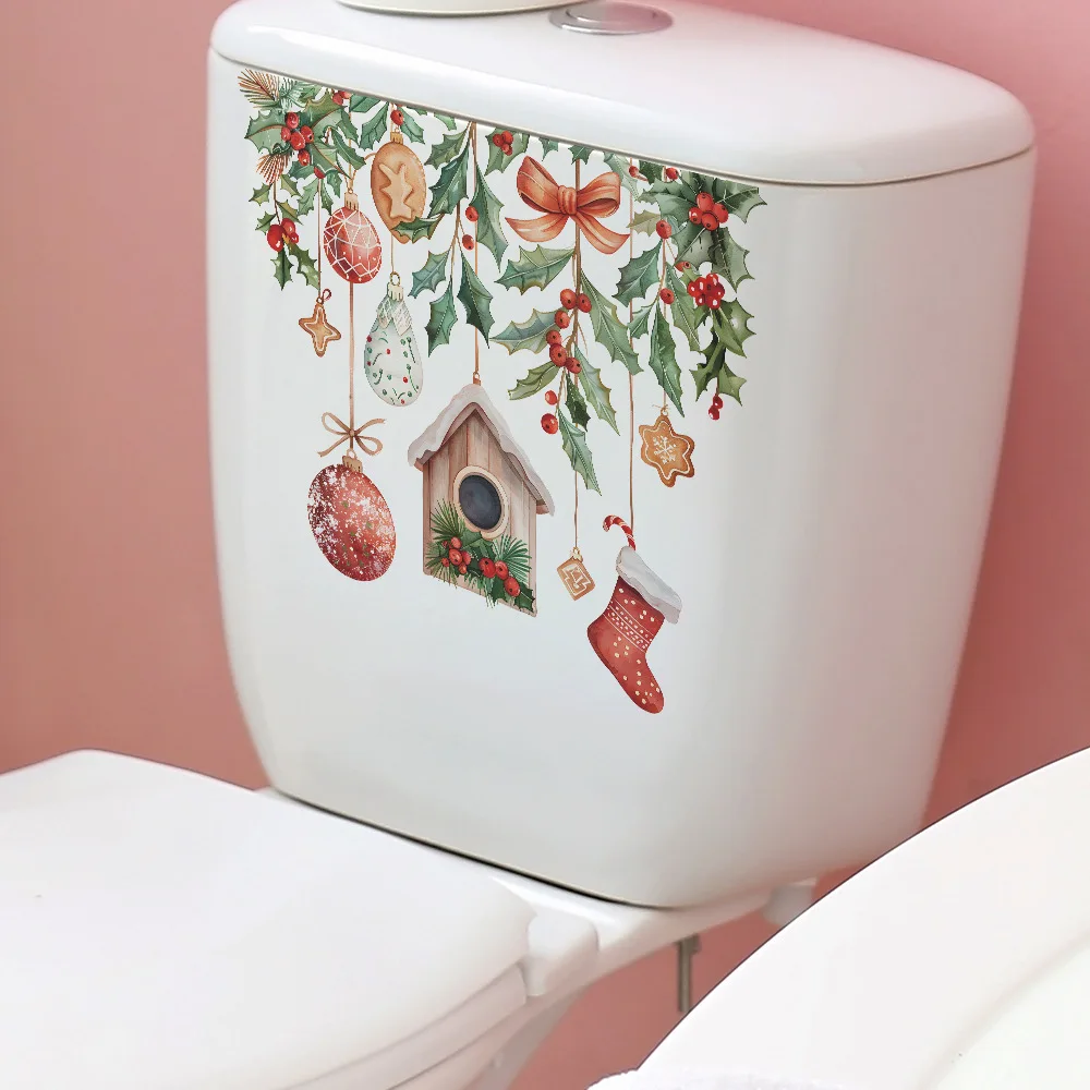 Christmas Bathroom Decoration Stickers Green Plant Decor Ball Pattern Self-adhesive Window Toilet Holiday Party Wall Sticker